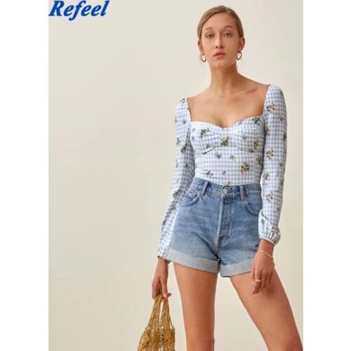 Vintage Blue Tartan Floral Print Girl Tops Chic Slim Long Sleeve Ropa Mujer Fashion Square Collar Tops