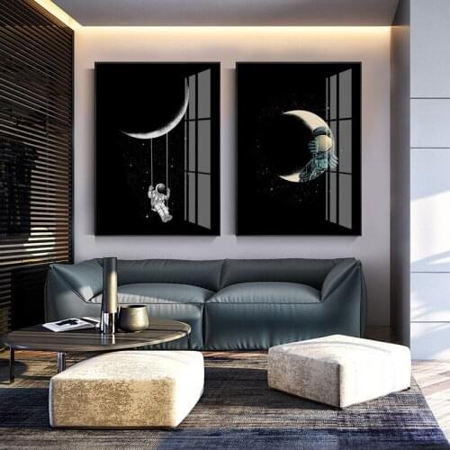 Funny Art Space Astronaut Swinging on The Moon Stars Canvas Painting Wall Pictures for Living Room Posters and Prints Home Decor