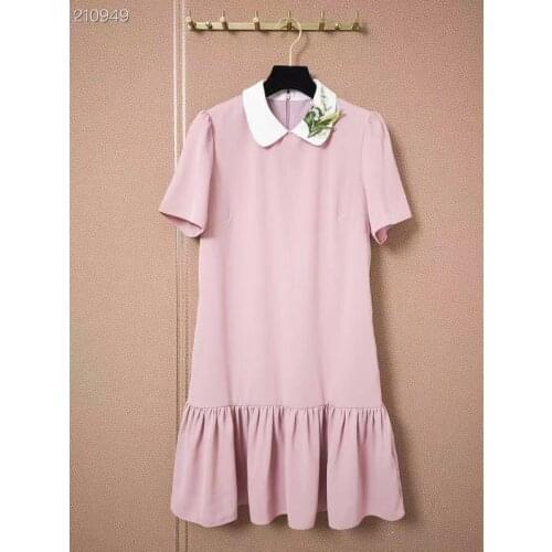 Fashion Runway Summer Dress Women Peter pan Collar Short Sleeve Vintage Mini Pink Dress Vestidos