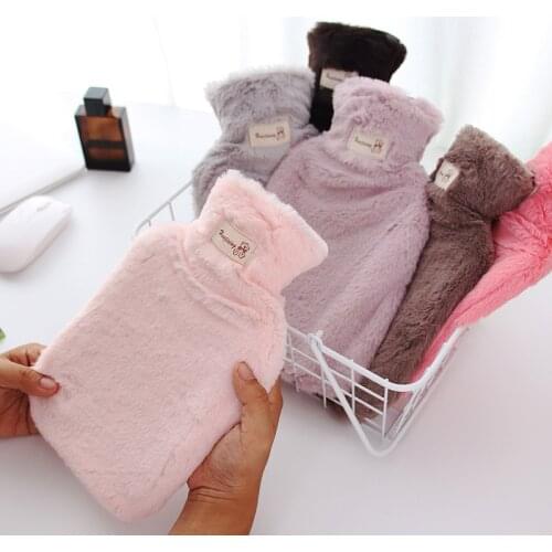 Winter Hot Water Bottles with Pure Natural Rubber Cosy Fluffy Plush Faux Fur Grey Cover for Back Neck Waist Hand Bed Warm