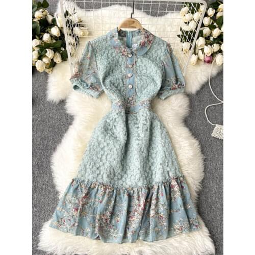 2021 Summer French Sweet Girls Peter Pan Collar Puff Sleeve Flower Embroidered Mesh Patchowrk Printed Chiffon Ruffles Dresses