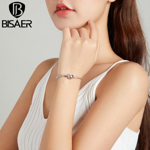 BISAER Simple Basic Bracelet 925 Sterling Silver Snake Chain Femme Bracelets for Women Lobster Clasp Jewelry ECB201