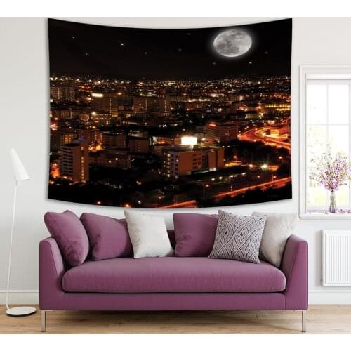 Tapestry Curvy Road in Pattaya City Night Time with Full Moon Cityscape Famous Place Thailand in Black Orange Photo Printed