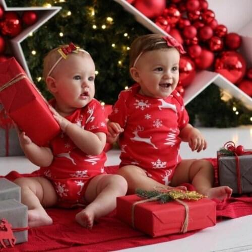 Newborn Baby Boy Girls Christmas Rompers Jumpsuit Clothes Long Sleeve Deer Snow Print Rompers With Cap