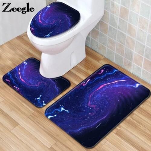 Bath Mat in the Bathroom Waterproof AntiSlip Starry Sky Print Shower Toilet Rug Set Absorbent Foot Mat Set Toilet Seat Cushion