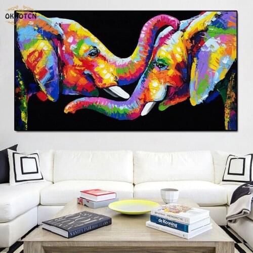 Colorful Oil Canvas Painting Abstract Animals Wall Art Posters And Prints Couple Elephants Pictures For Living Room Decoration