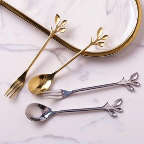 Creative Mini Leaf Shape Stainless Steel Spoon Fruit Fork Restaurant Hotel Dessert Smoothie Cake Spoon Stirring Coffee Spoons