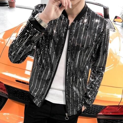 New Sequined Bomber Jacket Men Shiny Sequins Long Sleeve Glitter Zipper Coat Hip Hop Loose Night Club Stage Streetwear Coats