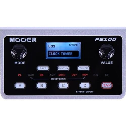 Mooer PE100 desktop electric guitar integrated effect device, including 99 preset timbres, 39 effect types, LCD display
