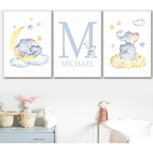 Blue Elephant Moon Stars Personalized Babys Name Custom Posters Nursery Canvas Painting Wall Art Print Pictures Kids Room Decor