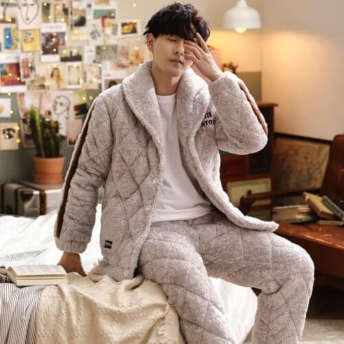 Mens Pajamas Winter Three-layer Quilted Plus Velvet Thick Coral Fleece Suit Flannel Warm Home Service Autumn and Winter Fashion