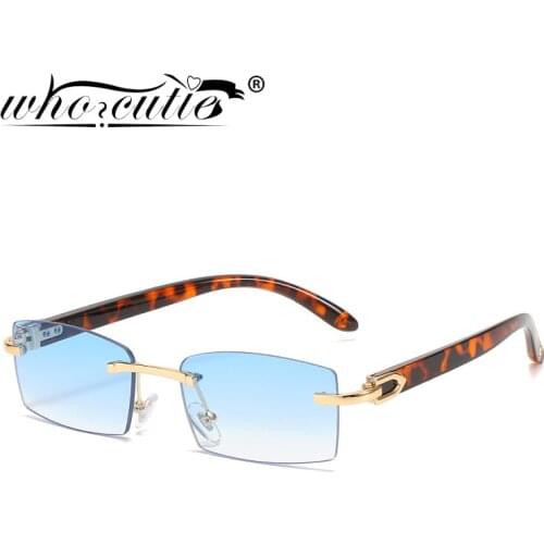 New Fashion Blue Rimless Rectangle Sunglasses Women Ocean Gradient Lens Shades Imitation Wood Metal Square Sun Glasses Frameless