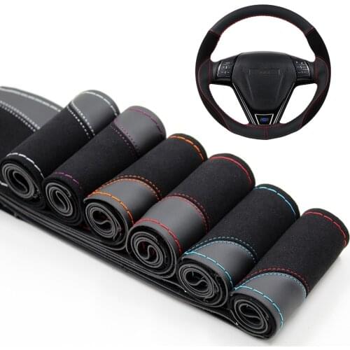 O SHI CAR 38cm DIY Steering Wheel Cover Wear-resistant Soft PU + Suede Leather Car Steering-Wheel Braid With Needles Thread