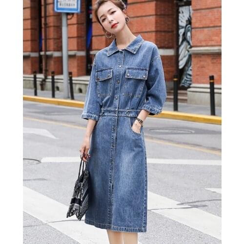 2021 Autumn fashion women three quarter Sleeve Single Breasted Denim Dress Casual Dress Slim Jeans Dresses