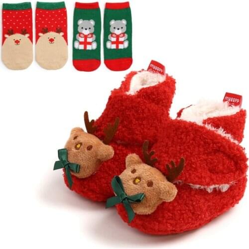 Baby Girl Boy First Walk Shoes Soft Anti-slip Shoes Christmas Deer Santa Claus Baby Shoes+2 Headbands​ Or 2 Socks Suit