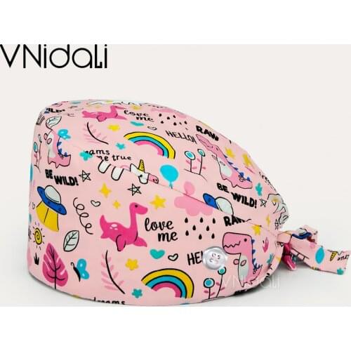 With button unisex cartoon printing Protect your oral tooth Scrub cap beauty salon Pet work Laboratory cap Scrub hat