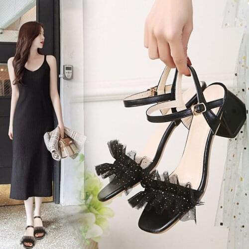 Comfort Shoes for Women All-Match Buckle Strap 2021 Summer Clear Heels Sandals Lace Suit Female Beige Med Denim Black Laces New