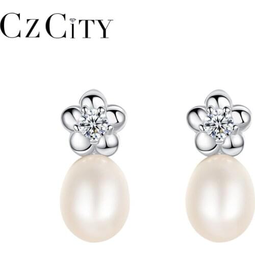 CZCITY Brand Design Simple Flower Natural Pearl Stud Earring for Women Pure 925 Silver Freshwater Pearl Wedding Earrings Jewelry
