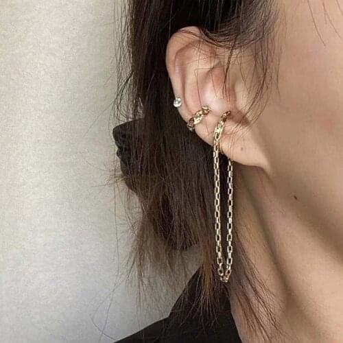Fashion Gold Color Double Twisted Circle Tassel Chain Earcuff Clip on Earrings Women Minimalist Fake Earrings Jewelry