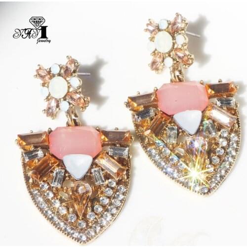 YaYi Jewelry Pink Glass Flower Dangle Women Ancient Gold Color Wear Ear Band Tassel Wedding Stud Drop Hoop Clip Earrings