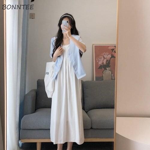 Sets Women Summer Ulzzang Simple Casual Cardigan Elegant Spaghetti Strap Loose Fairy Dress Two Piece Outfits Fashion Preppy Chic