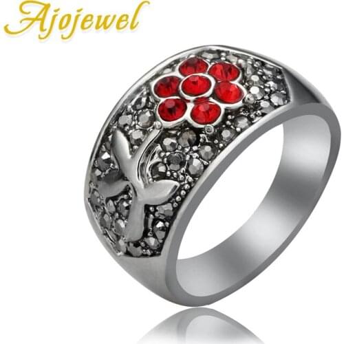 Ajojewel Marcasite Women Rings Bands Red Rhinestone Flower Vintage Lady Ring Wholesale US Drop Shipping