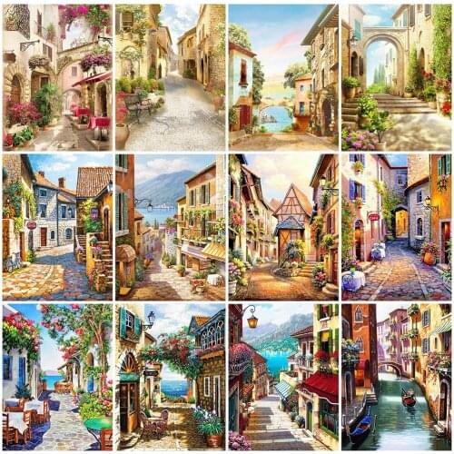 Diamond Painting Street Landscape Full Square Diamond Embroidery Building Town Picture Mosaic Manual Wall Decor