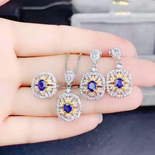 Fine Natural Sri Lanka Sapphire S925 Sterling Silver Earrings Rings Pendants Necklace Luxury Set Women Weddings MeiBaPJFS