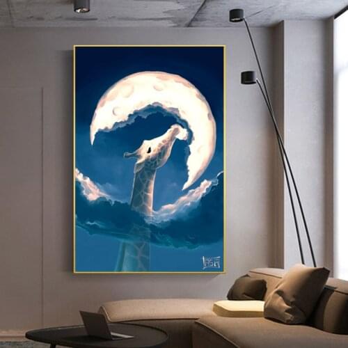 Cartoon Animal Art Canvas Painting The Giraffe Eating The Moon Posters and Prints Wall Pictures Baby Bedroom Room Home Decor