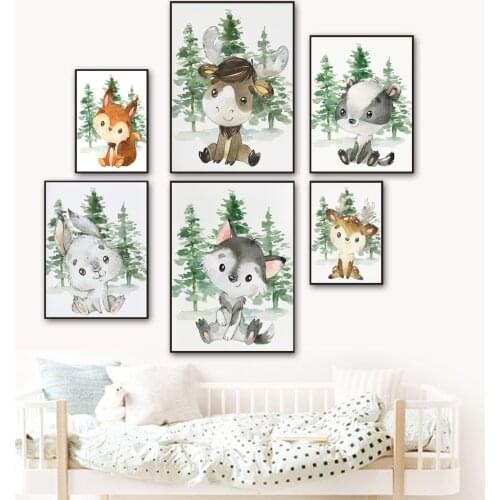 Woodland Animals Rabbit Deer Squirrel Wolf Elk Wall Art Canvas Painting Nordic Posters And Print Wall Pictures Kids Room Decor