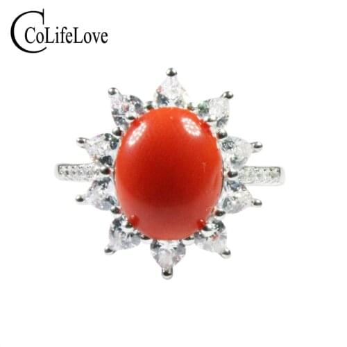 CoLife Jewelry Classic 925 Silver Coral Ring for Daily Wear 9*11mm Real Coral Silver Ring Real Italian Red Coral Silver Jewelry