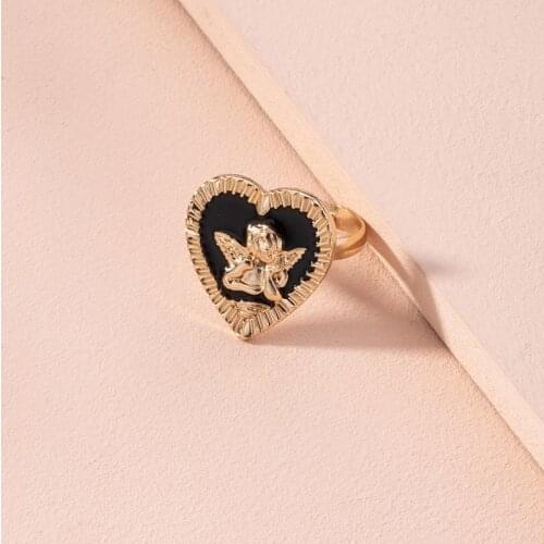 GSOLD Fashion Classic Heart-Shaped Black Enamel Glaze Angel Pattern Ring Simple Opening Adjustable Ring Women Jewelry Party