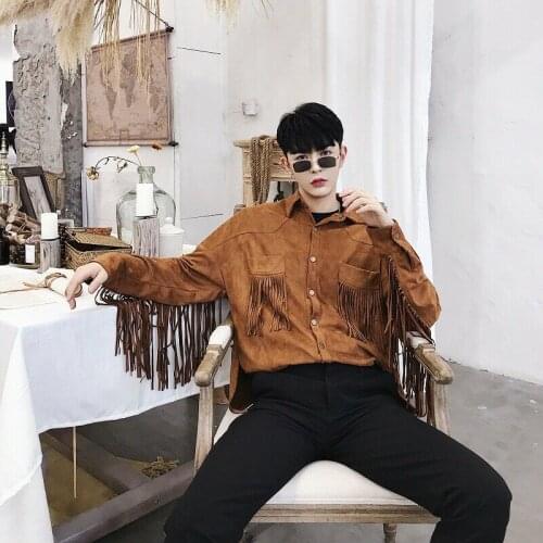 Fringe Jacket Men\s Loose Suede Long Sleeve Shirt Top Banquet Shirt Performance Outfit Fashion Jacket Jacket
