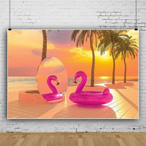 Laeacco Baby Cartoon Dusk Summer Tropical Palms Tree Duck Swimming Ring Toys Child Photozone Photo Background Photo Backdrops