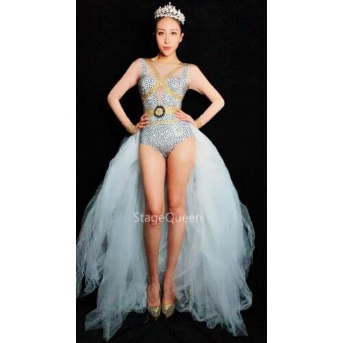 Flashing Silver Gold Rhinestones Long Sleeves Bodysuit white Mesh Tail Birthday Celebrate Outfit Women Singer Dance Wear Outfit