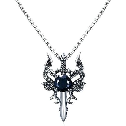 Fashion Design Dragon Necklace Pendant Mature Mens Standard Double Dragon Cross Pendant Steel Sword Necklace Jewelry Gift