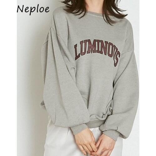 Neploe 2021 Spring New Fashion Solid Hoodies Chic Letter Print Pattern Drop Shoulder Women Hoody Loose Pullover Sweatshirts