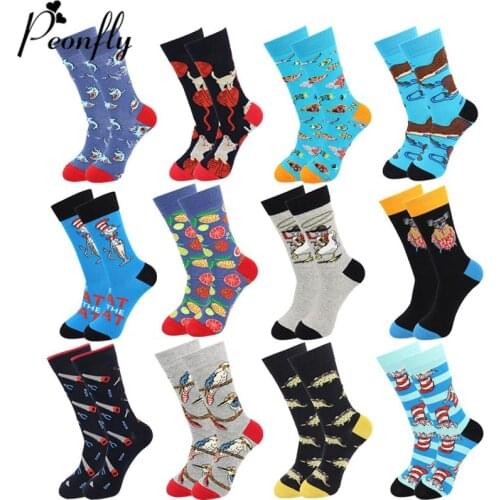 Peonfly Mens 1pair Funny Cartoon Shark Cat Printed Happy Socks Casual Harajuku Hip Hop Skateboard Calcetines Hombre