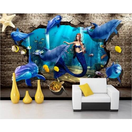 Custom photo 3d wallpaper Ocean World Dolphin Turtle Mermaid Brick Wall room home decor 3d wall murals wallpaper for walls 3 d