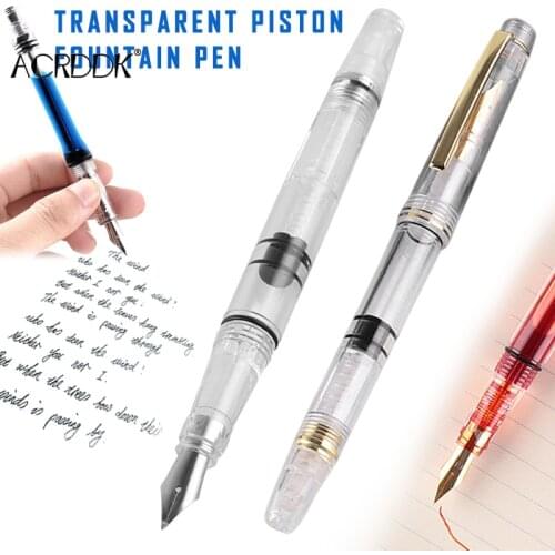 Transparent Piston Fountain Pen Clear Ink Pen EF F Nib Extra Fine Large Capacity Writing 0.38mm/0.5mm FC