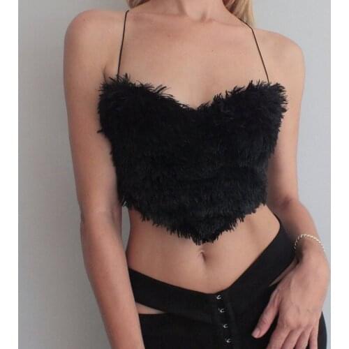 Sexy Backless Tie Up Camis Top Female Cropped Top Summer Clothing Fleece Fur Bandage Sleeveless Crop Tops for Women