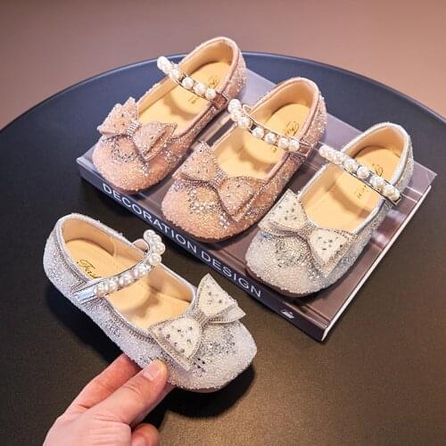 Girls Crystal Shoes 2021 Princess Silver Flats Soft Dance Fashion Childrens Shoes Girl Leather Shoes Fashion Pearl Sweet 26-36