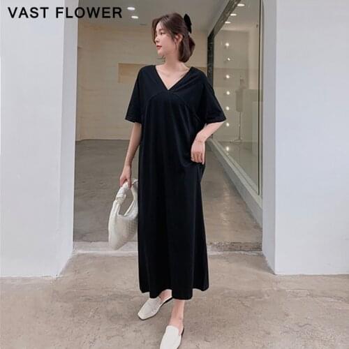 Women Dress Korean Style V-Neck Short Sleeve Split Loose Casual Solid Color Fashion Clothes Fashion 2021 Summer Ladies Dresses