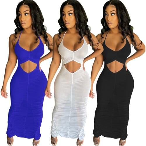 Somoshein S-2XL 2021 Women Summer Clothing Club Sexy Dress Mesh Hollow Folds Halter Slit Long Dresses Wholesale Dropshopping