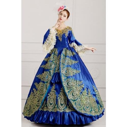 100%real royal blue golden embroidery gown medieval dress Renaissance Gown queen Victoria/Antoinette/ball gown/Belle Ball
