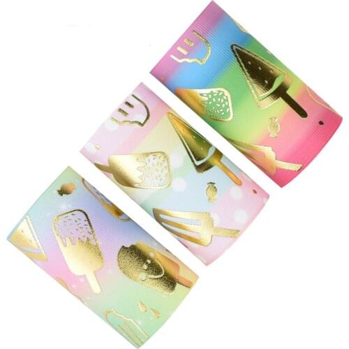 50yards 75mm Gold Foil Ice Cream Ice-lolly Grosgrain Ribbon Summer Series For DIY Accessories Welcome Custom designs