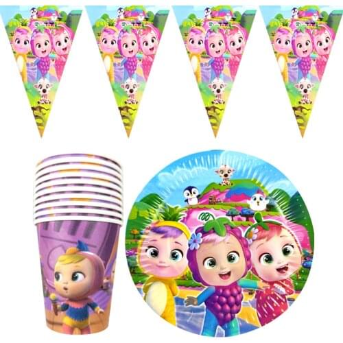 60pcs/lot Crying Baby Theme Flags Decorate Pennant Tableware Set Birthday Party Hanging Banner Plates Cups Event Dishes Bunting