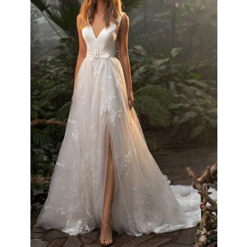 White Lace Long Dress 2021 Women Sexy Deep V-Neck Split Backless Maxi Dress Sleeveless Elegant Wedding Party Dress With Belt