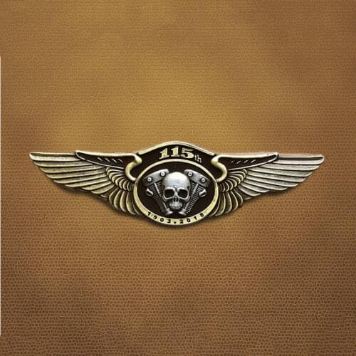 Classic Retro 115th Anniversary Metal Skull Double Wing Biker Brooch Badge Engine Motorcycle Club For Clothes Hat Collar Pin