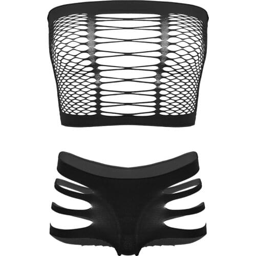 2Pcs Womens See Through Fishnet Lingerie Suit Hollow Out Sleeveless Crop Tops Vest Top Strappy Underpants Briefs Underwear Sets